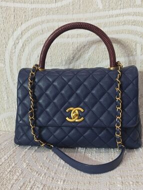 CHANEL  Coco Navy Quilted Leather Top Handle Satchel with Burgundy Lizard Handle